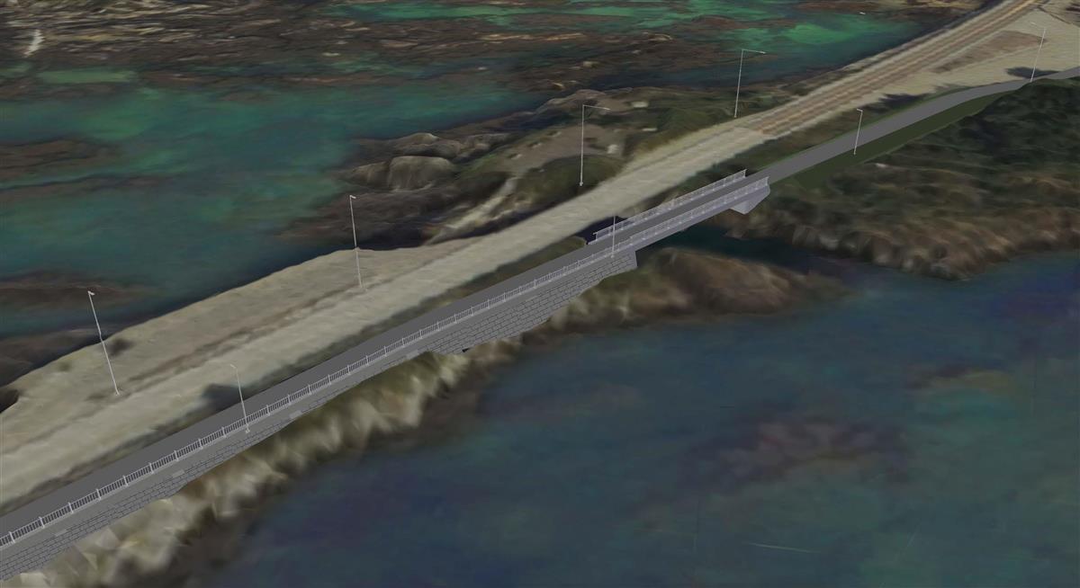 Illustrasjon. Veg med planlagt gang- og sykkelveg ved siden av. Kort bru, fjord på begge sider.  - Klikk for stort bilde