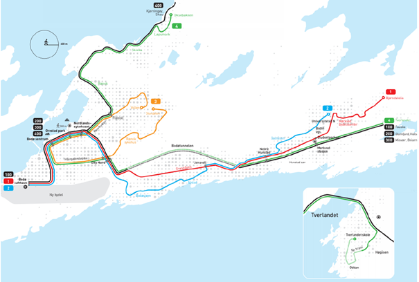 Kart over Bodø by og Tverlandet, viser hvor de ulike busslinjene skal gå - Klikk for stort bilde
