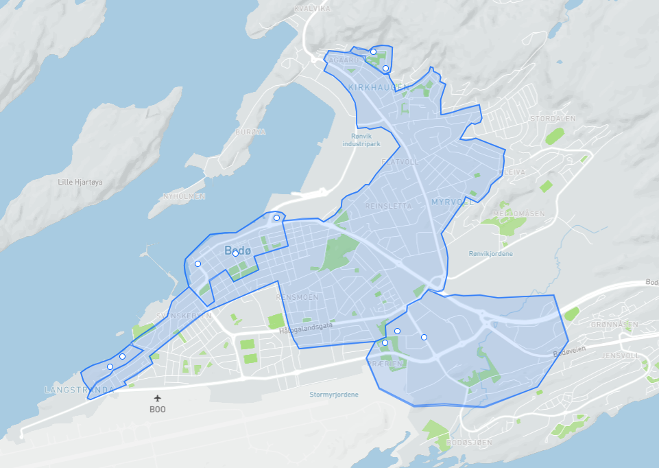 Kart over Bodø sentrum og området HentMeg-bussen kjører - Klikk for stort bilde