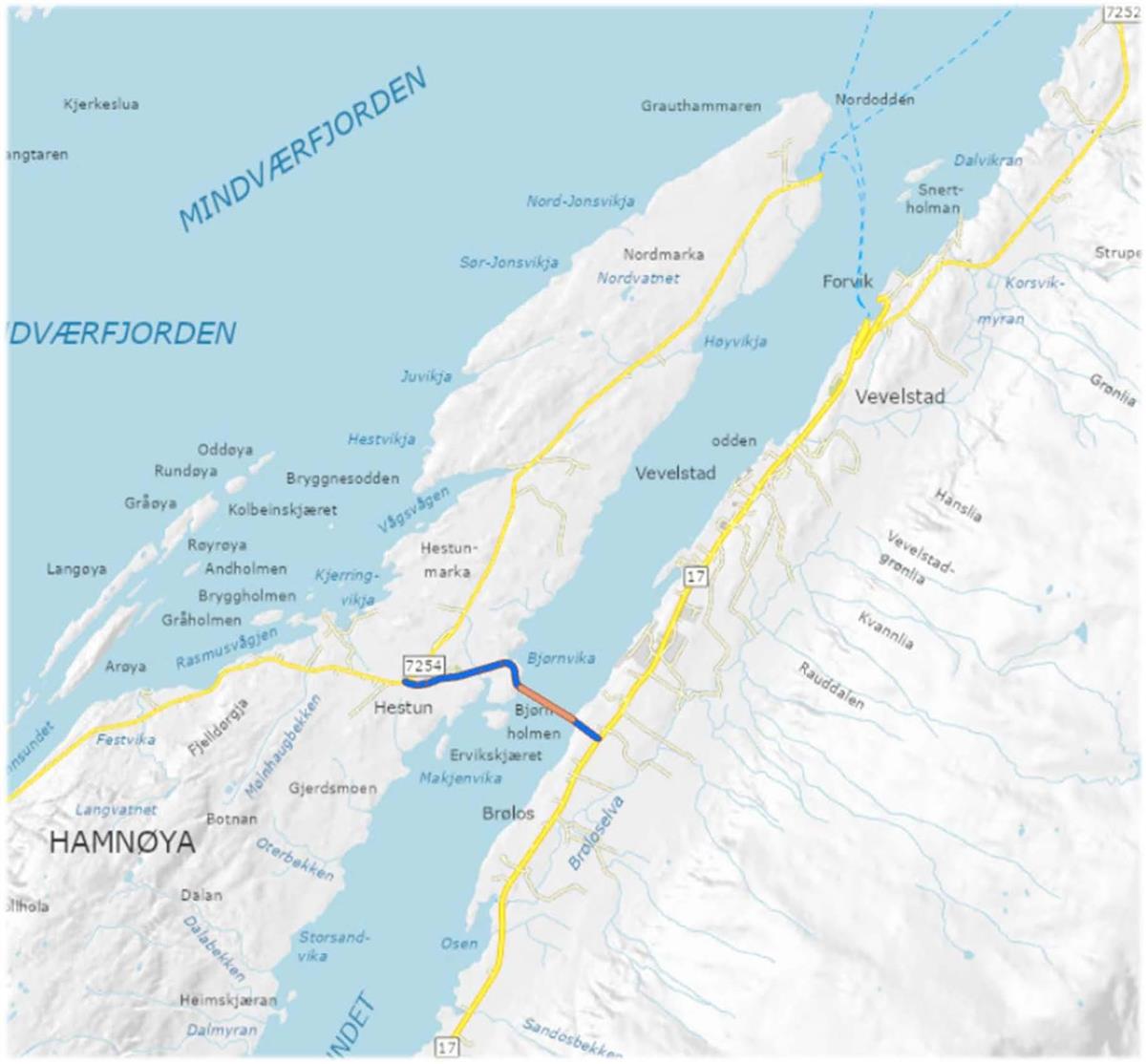 Kart som viser mulig bruforbindelse til Hamnøya. Kart viser markering av fylkesveg 17 og 7254.  Viser også fjorder, vann og stedsnavn i området. - Klikk for stort bilde