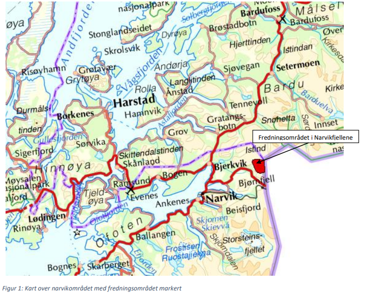 Kart over det vernede området i narvikfjellene - Klikk for stort bilde