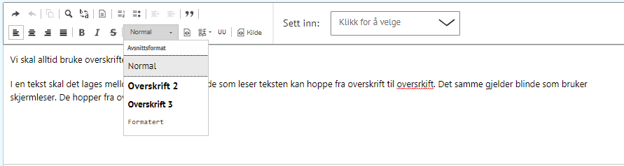 i teksteditoren finnes det en nedtrekksmeny som lar deg sette inn H2 og H3 overskrifter - Klikk for stort bilde