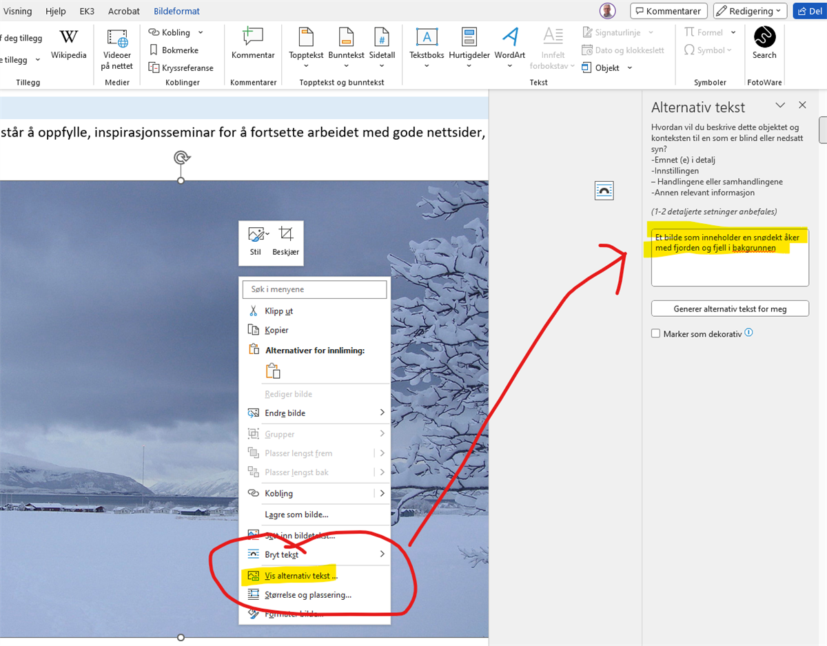 Skjermdump fra word som viser hvordan du kan høyreklikke på et bilde og vise og endre alternativtekst på et bilde - Klikk for stort bilde