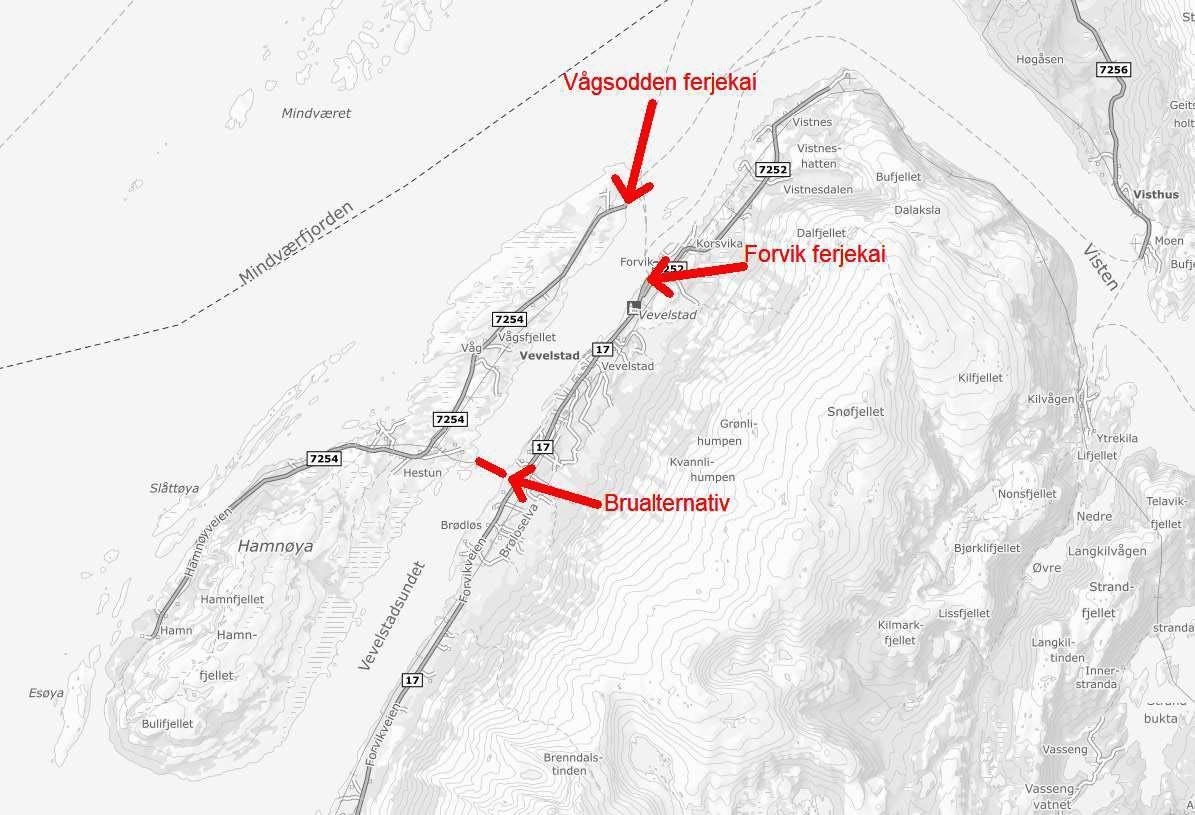 Kart med Vågsodden ferjekai er markert på Hamnøya, Forvik ferjekai på fastlandet, og et brualternativ er vist lengre sør. Kartet viser  fylkesveg 17 og 7254, samt lokale stedsnavn og topografi. - Klikk for stort bilde
